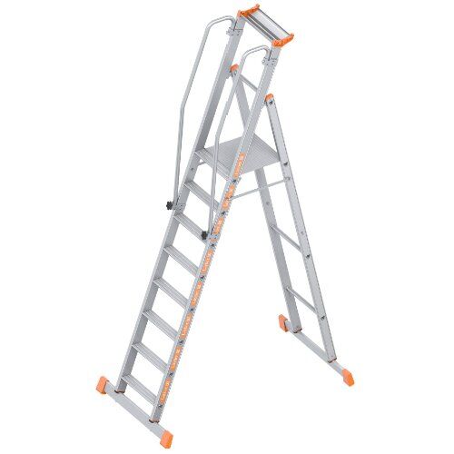  Leitern Layher Plattformleiter TOPIC 8 Sprossen; Aluminiumleiter mit Plattform,Handläufen und breiten Stufen; einseitig begehbar; klappbar Länge 3.10 m 12405343