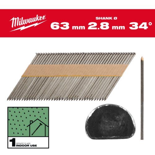  Nägel und Klammern Milwaukee D-Kopf-Nägel 34°, 63 mm, GS SC1, Ø 2,8 mm, (2.200), Glattschaft blank 12464957