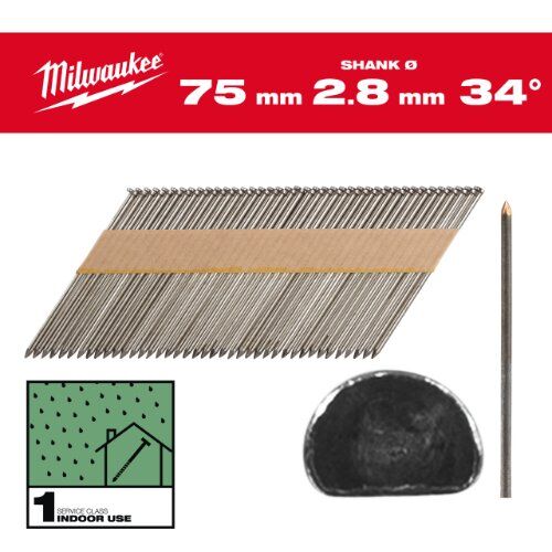  Nägel und Klammern Milwaukee D-Kopf-Nägel 34°, 75 mm, GS SC1, Ø 2,8 mm, (2.200), Glattschaft blank 12464992