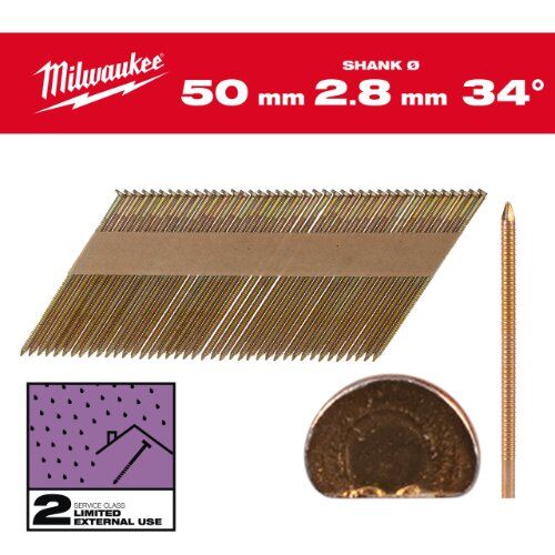  Nägel und Klammern Milwaukee D-Kopf-Nägel 34°, 50 mm, RS SC2, Ø 2,8 mm, (2.200), Ringschaft verzinkt 12464976