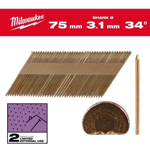  Nägel und Klammern Milwaukee D-Kopf-Nägel 34°, 75 mm, RS SC2, Ø 3,1 mm, (2.200), Ringschaft verzinkt 12465028