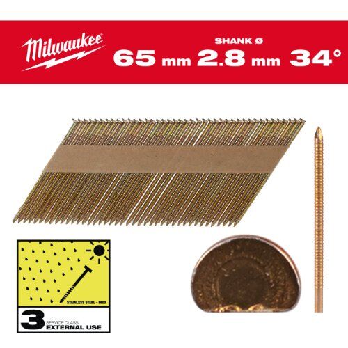  Nägel und Klammern Milwaukee D-Kopf-Nägel 34°, 65 mm, GS SC3, Ø 2,8 mm, (2.200), Ringschaft feuerverzinkt 12464978