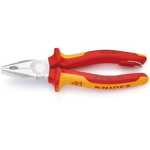  Kombizangen Kombizangen KNIPEX 03 06 180 T Kombizange isoliert mit Mehrkomponenten-Hüllen, VDE-geprüft; mit integrierter isolierter Befestigungsöse zum Anbringen einer Absturzsicherung verchromt 180 mm 12381020