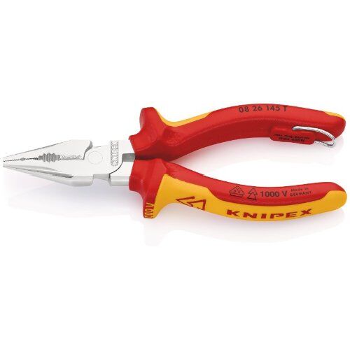  Spitz-Kombizangen KNIPEX 08 26 145 T Spitz-Kombizange isoliert mit Mehrkomponenten-Hüllen, VDE-geprüft; mit integrierter isolierter Befestigungsöse zum Anbringen einer Absturzsicherung verchromt 145 mm 12381055