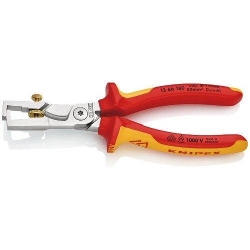  KNIPEX StriX® Abisolierzangen mit Kabelschere KNIPEX 13 66 180 StriX® Abisolierzangen mit Kabelschere isoliert mit Mehrkomponenten-Hüllen, VDE-geprüft verchromt 180 mm 12380366