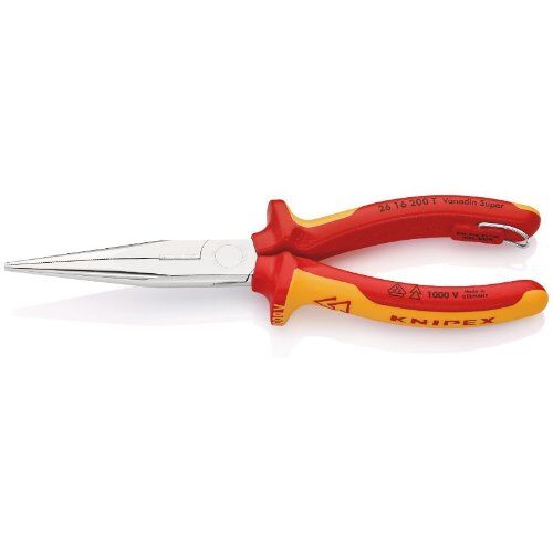  Flachrundzangen mit Schneide (Storchschnabelzangen) KNIPEX 26 16 200 T Flachrundzange mit Schneide (Storchschnabelzange) isoliert mit Mehrkomponenten-Hüllen, VDE-geprüft; mit integrierter isolierter Befestigungsöse zum Anbringen einer Absturzsicherung verchromt 200 mm 12380830