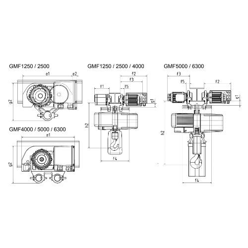  Elektrofahrwerke GMF mit Bremse (3 x 400 V / 50 Hz) Elektrofahrwerk (3 x 400 V, 50 Hz) für Elektrokettenzug Typ GP250 / GP500 / GP1000 (bis 1000 kg), mit Bremse, 2 Geschw. 12398802