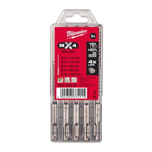  Beton und Stein SDS-Plus Milwaukee Hammerbohrer MX4 SDS-plus Set 5-tlg., 5/6 x 115 mm,6/8/10 x 165 mm, Kunststoffbox 12440465