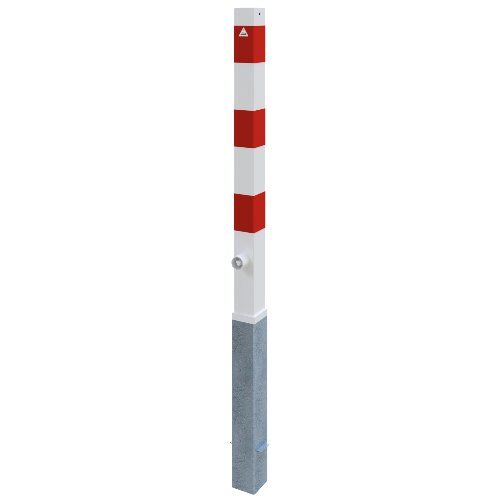  70x70mm Absperrpfosten 70 x 70 mm herausnehmbar mit Dreikantverschluss feuerverzinkt und weiß beschichtet mit drei rot reflektierenden Leuchtstreifen ohne Öse 12450530